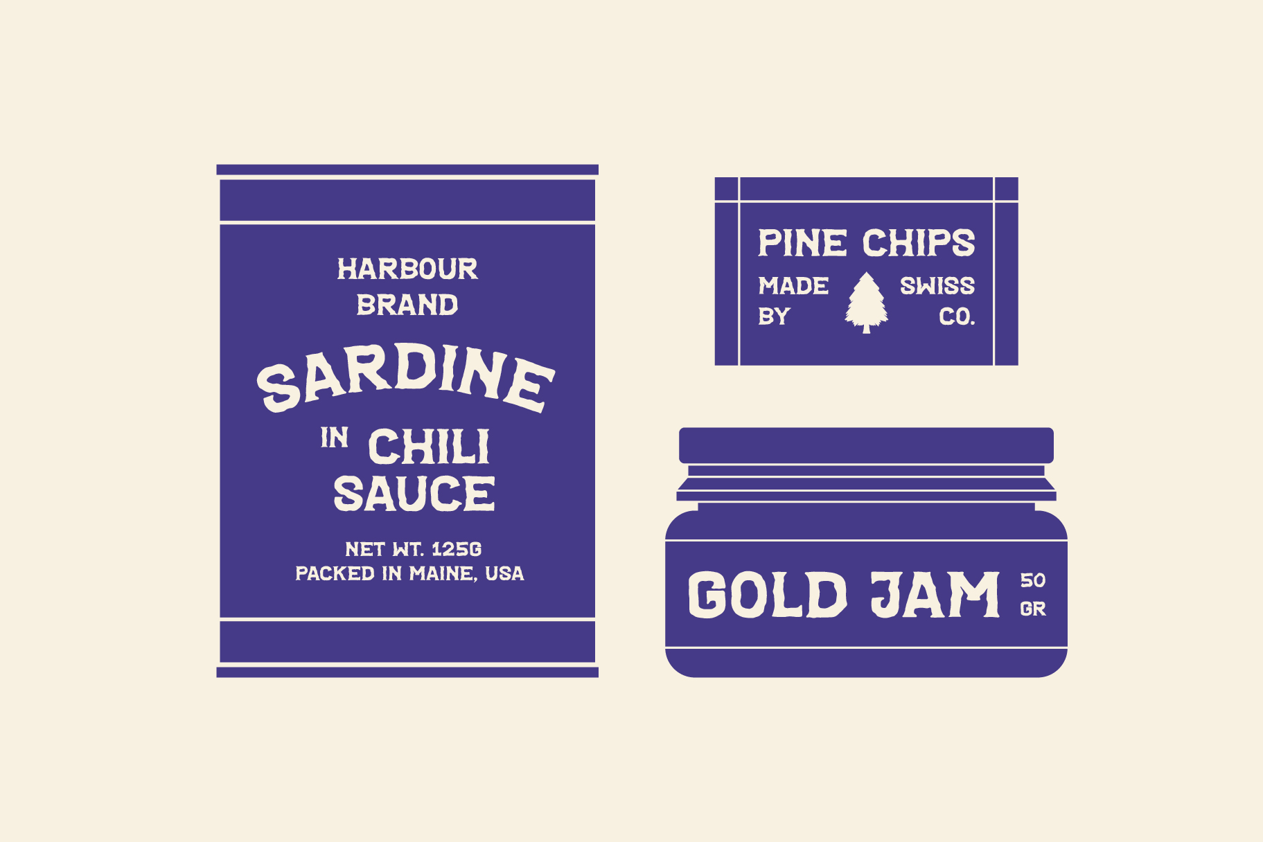 Vintage food labels with sardine, pine chips, gold jam on cream blue boxes