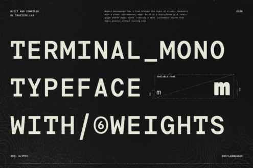 Terminal Mono typeface cover sheet displaying monospaced font with variable weight details