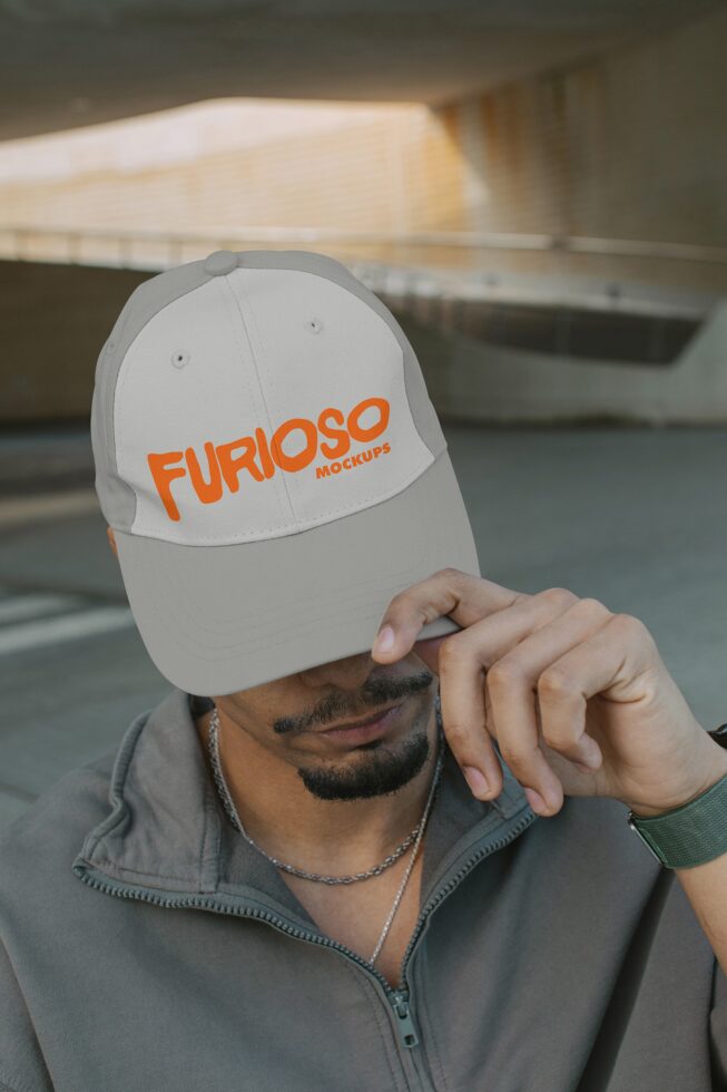 White cap with orange Furioso Mockups text worn by person indoors