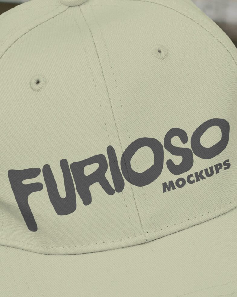 Cream colored baseball cap with Furioso Mockups embroidered logo