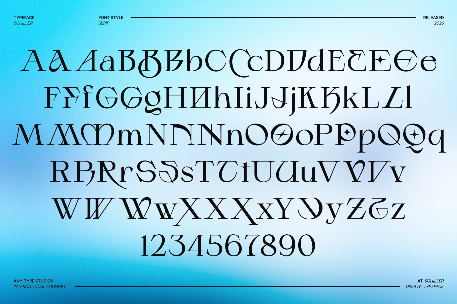 Schiller serif typeface display preview with uppercase, lowercase, numerals