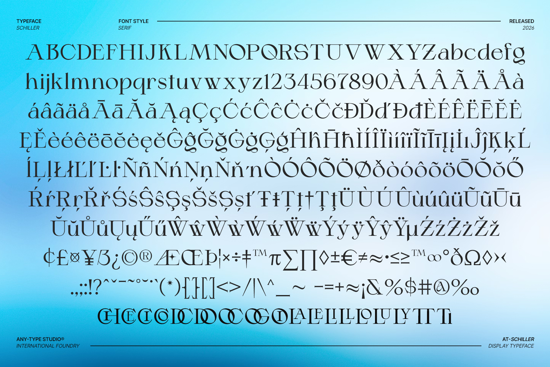 Schiller serif font specimen showing full character set with accents, symbols, numbers