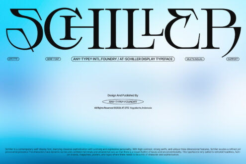 Schiller typeface specs sheet showing font details on blue gradient