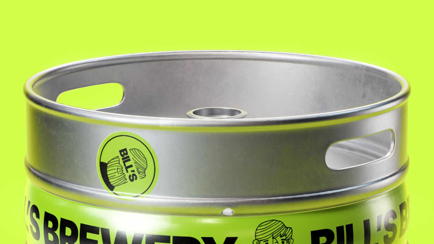 Beer keg mockup with Bills Brewery label on bright lime background