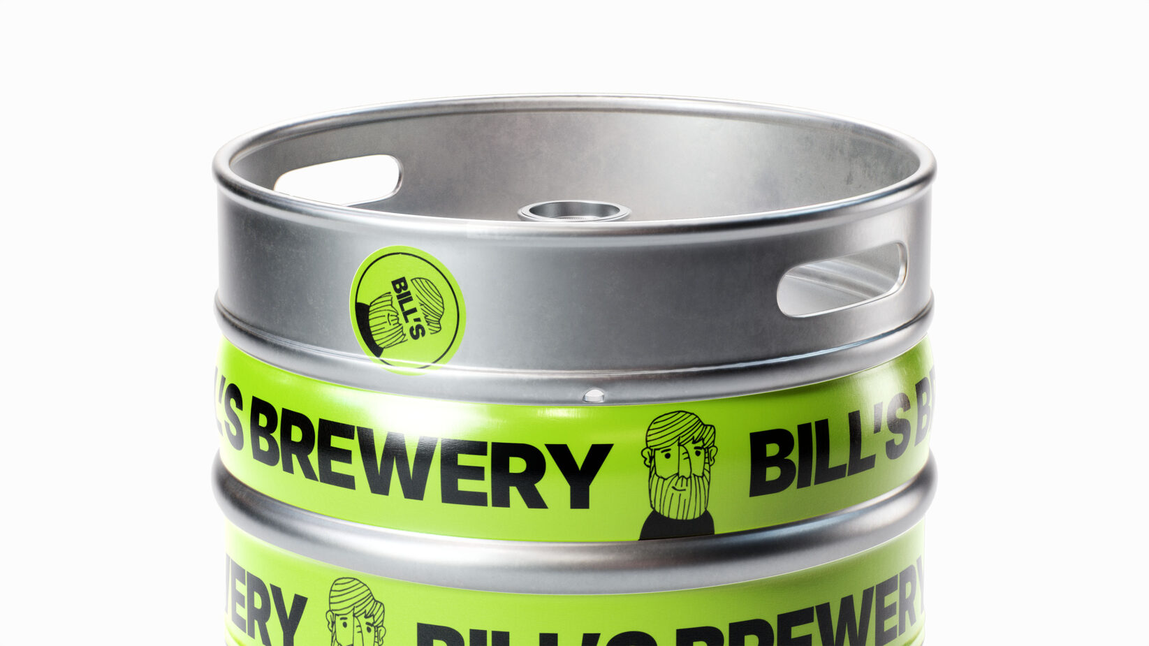 Beer keg mockup with Bills Brewery lime green label on white