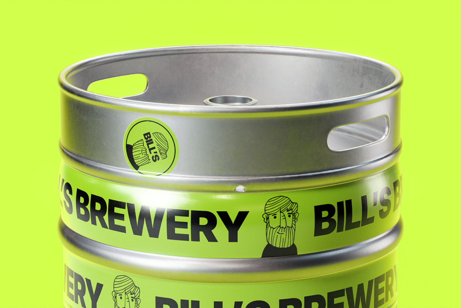Beer keg mockup with Bills Brewery lime label on neon yellow