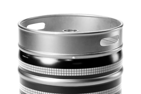 Beer keg mockup with black grid pattern label on white backdrop