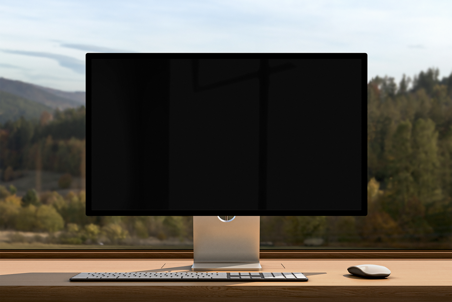 Desktop monitor mockup on wooden desk with natural background for design presentations ideal for designers in need of realistic workspace templates