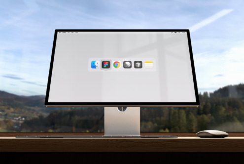 Wide monitor mockup on a desk with scenic view background icons on screen useful for graphic design presentations digital workspace templates
