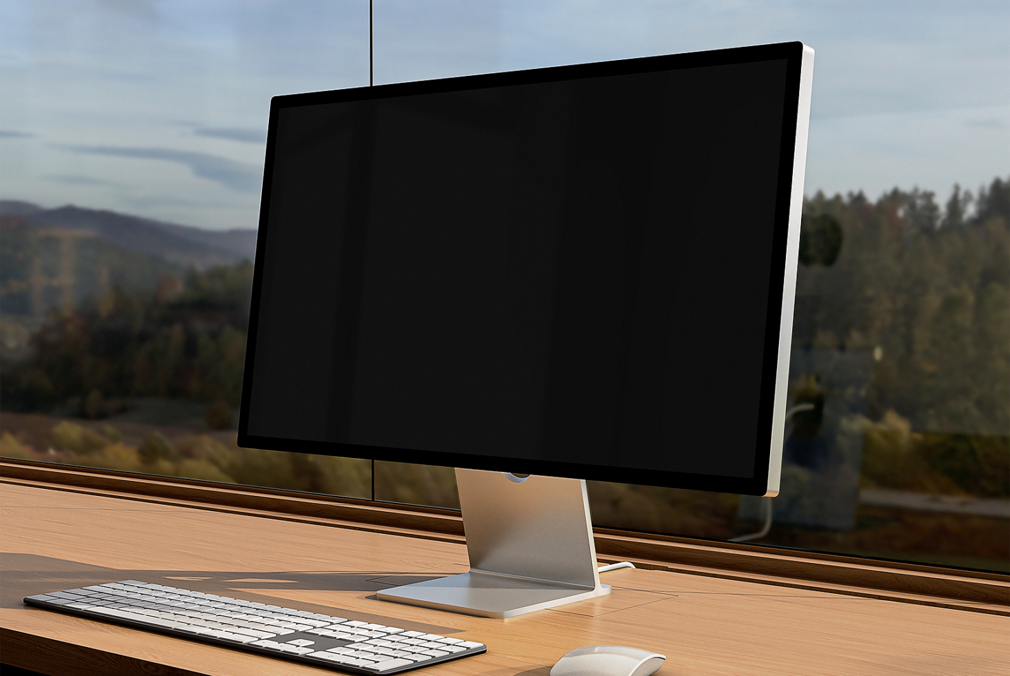 Modern computer monitor mockup on wooden desk with keyboard and mouse near large window ideal for design presentations templates technology assets.