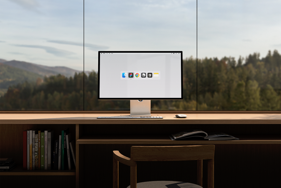 Modern workspace mockup with a computer and mouse on a wooden desk. Scenic forest view through large window. Ideal for design presentations and templates.