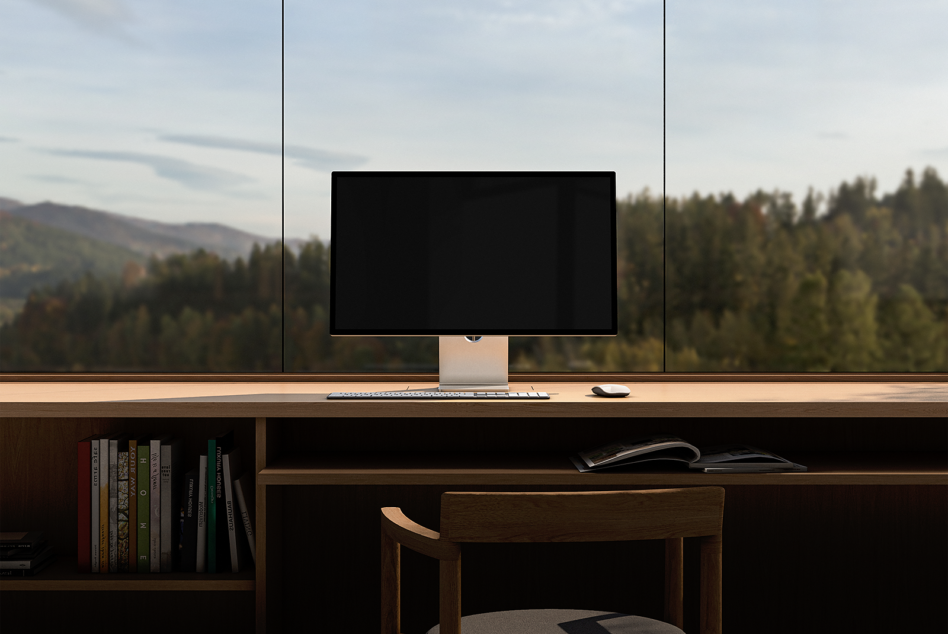 Minimalist workspace mockup with desktop monitor on wooden desk featuring books and an open magazine. Ideal for designers and digital asset presentations.