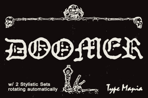 Horror metal font with rotating skeleton ornaments, cream letters on black