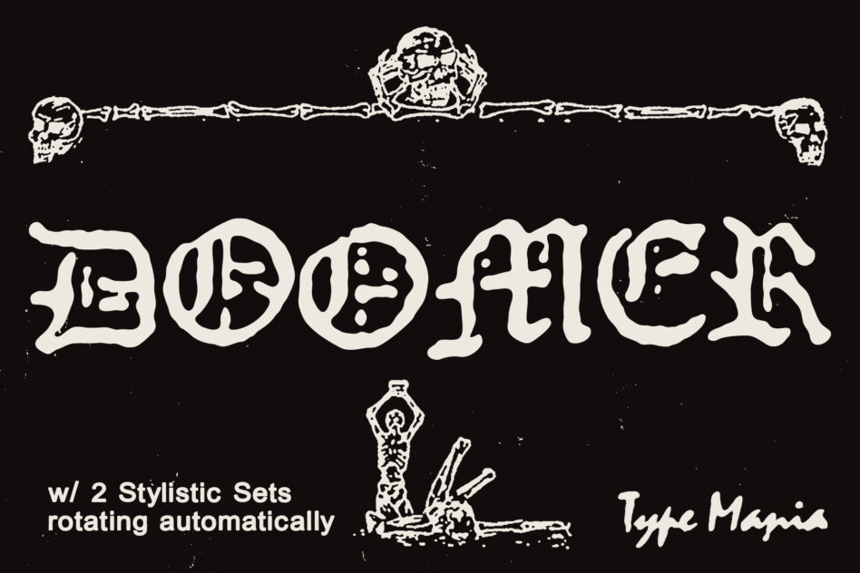 Horror metal font with rotating skeleton ornaments, cream letters on black