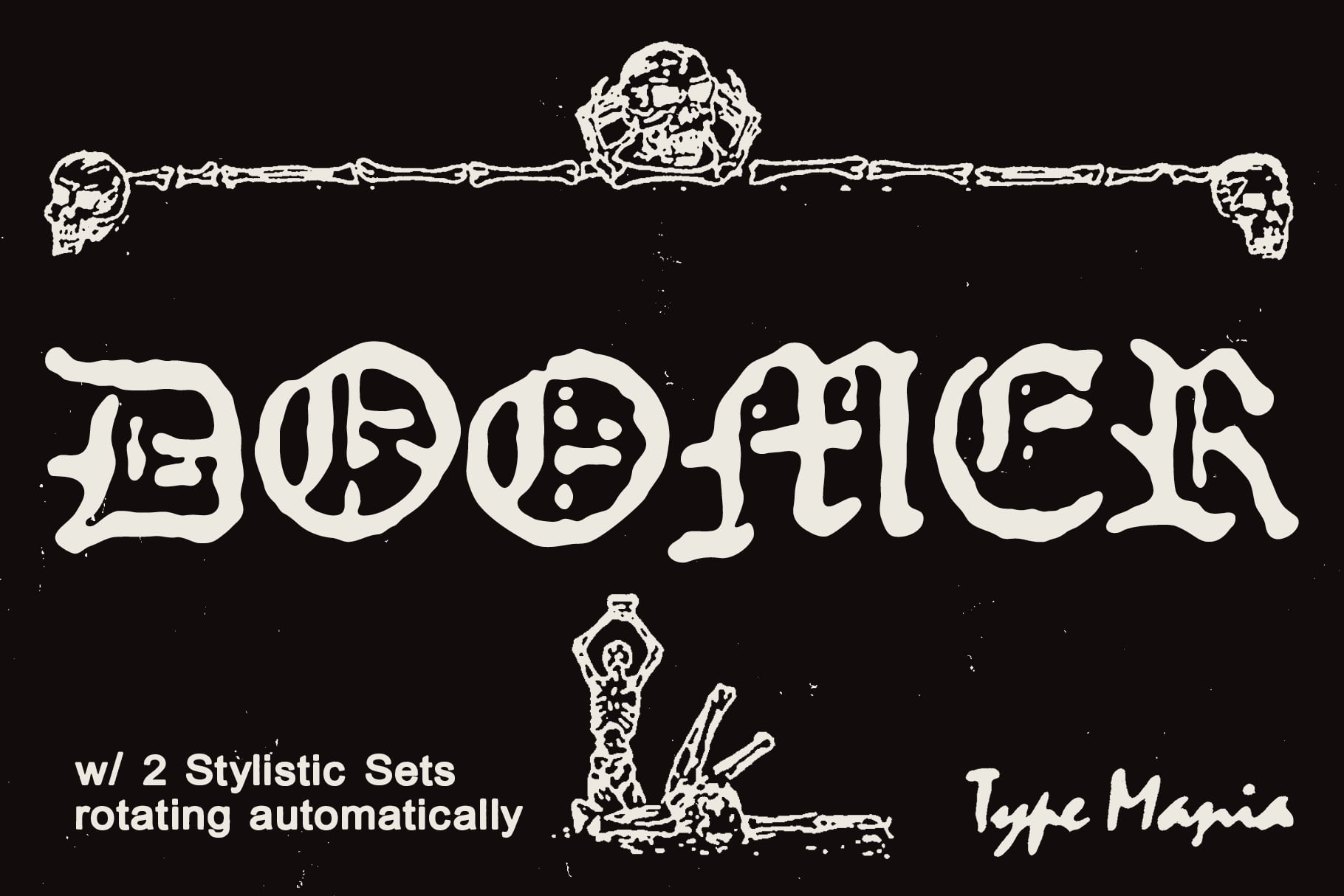 Horror metal font with rotating skeleton ornaments, cream letters on black