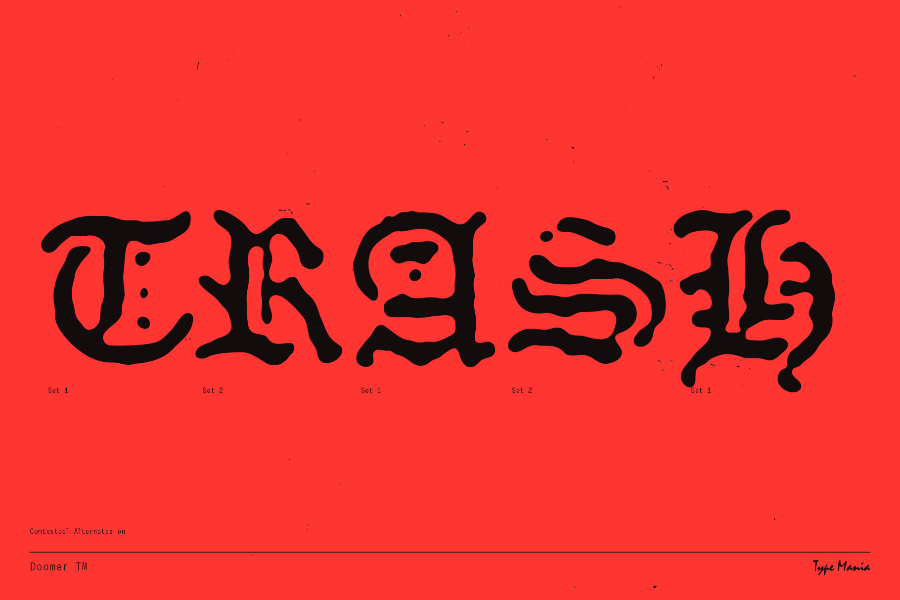 Crushy typeface showing contextual alternates on bright red