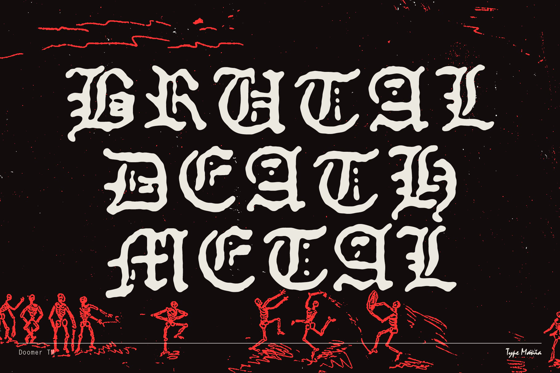 Brutal Death Metal font with skeleton figures on dark red background
