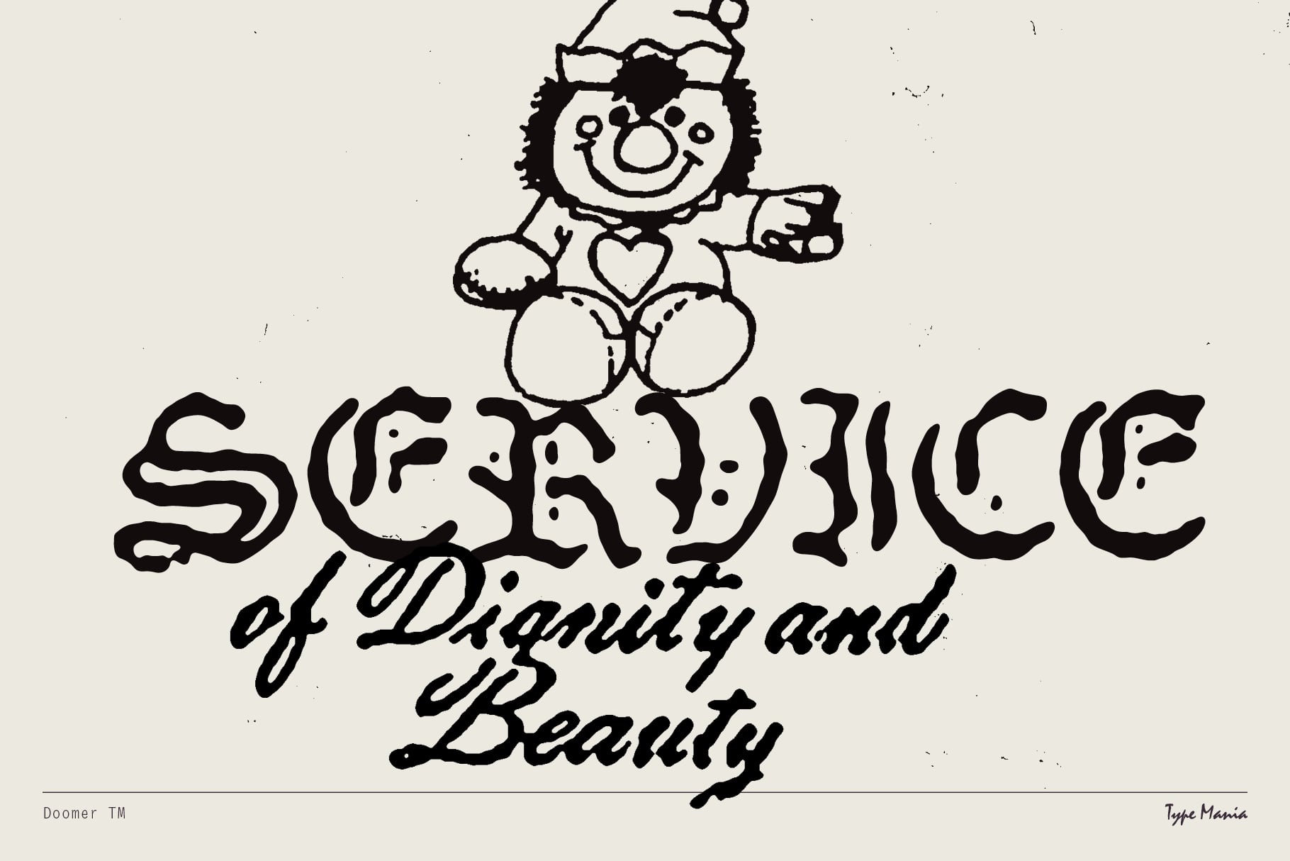 Service of Dignity Beauty text with smiling clown character illustration