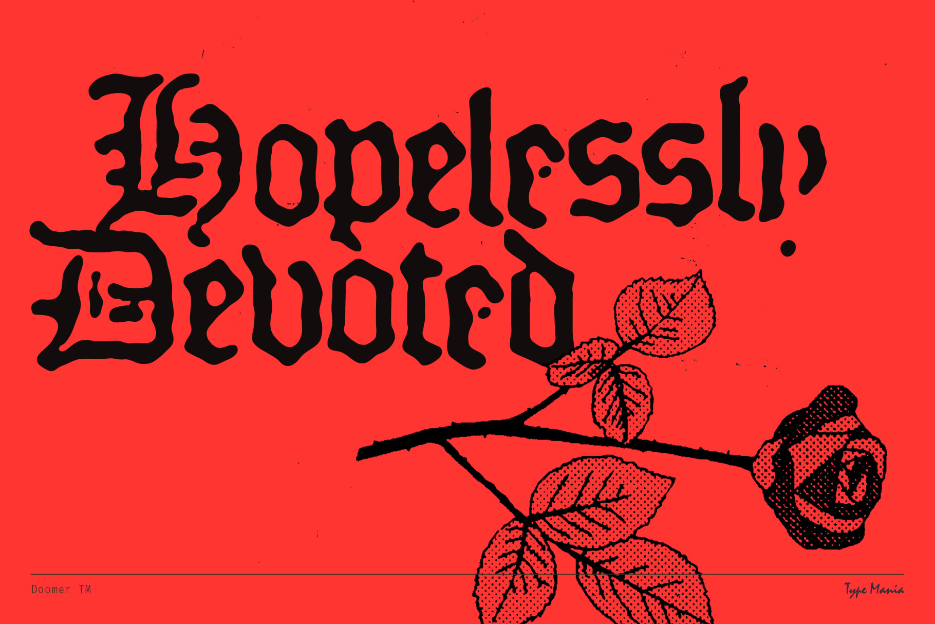 Hopelessness Bloom typeface on red background with rose illustration