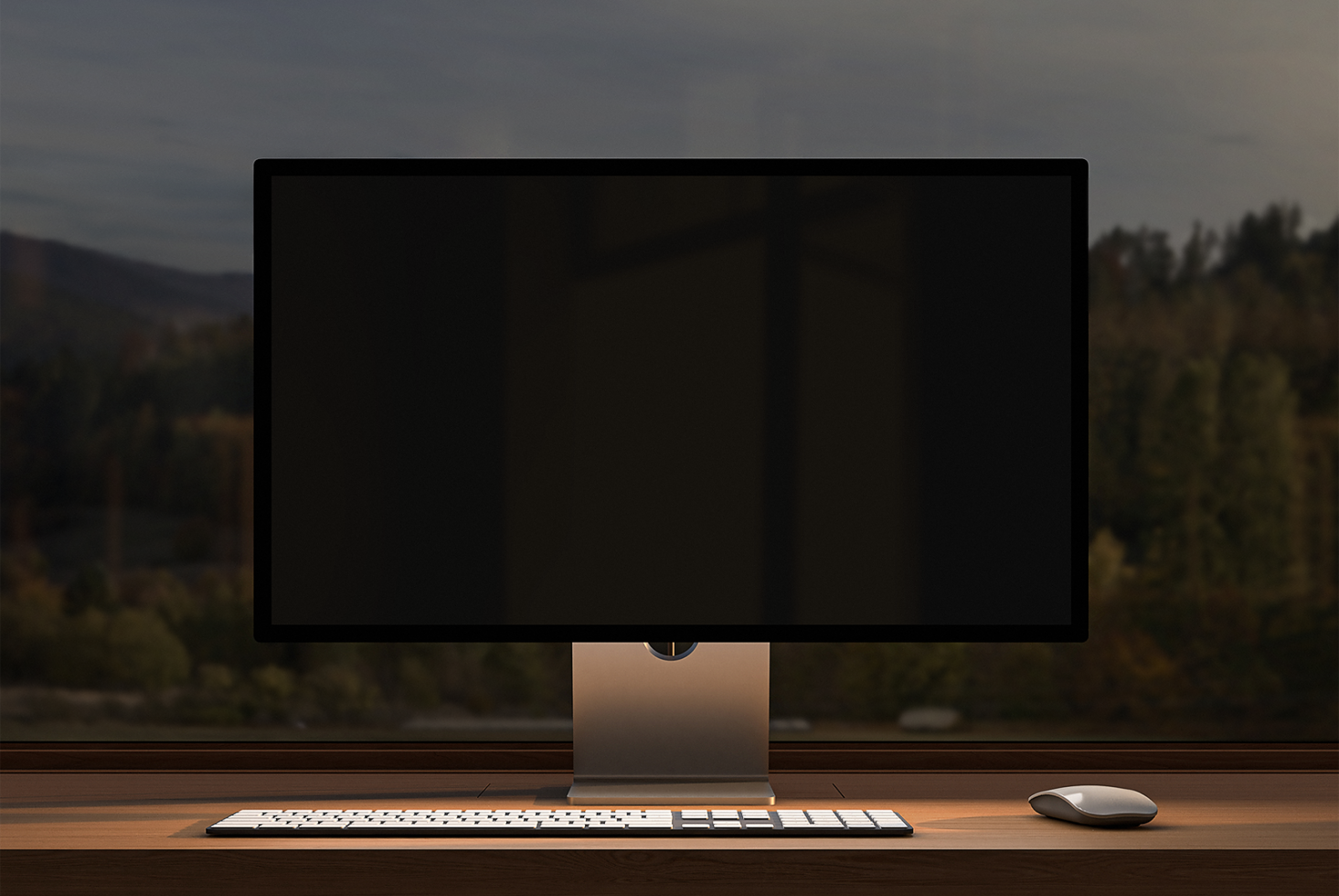 Computer monitor mockup on a wooden desk with keyboard and mouse. Perfect digital assets for designers. Keywords: mockups, templates, desk setup.