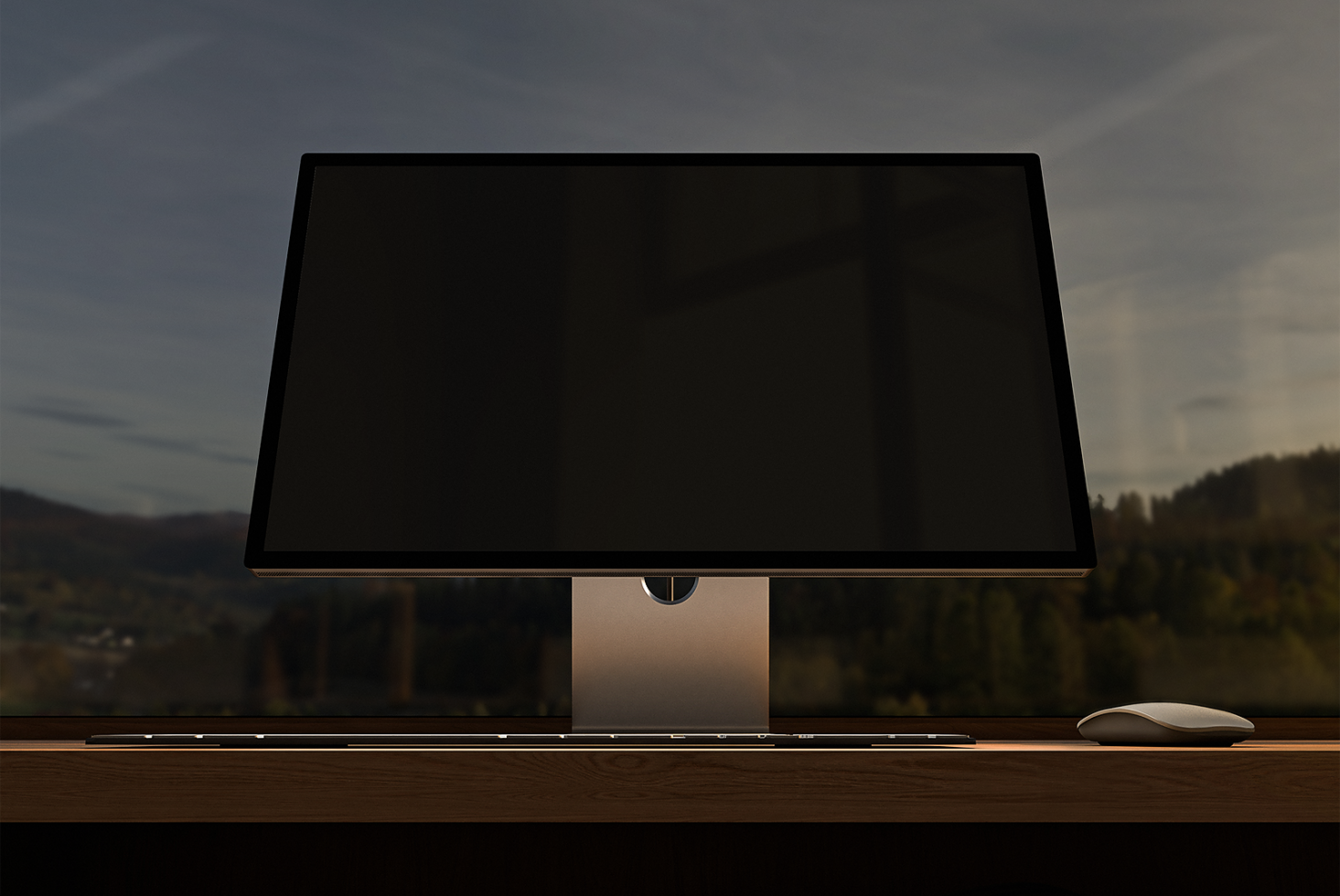 Minimalist desktop computer mockup with monitor keyboard and mouse on wooden desk in front of window ideal for design presentations or templates.