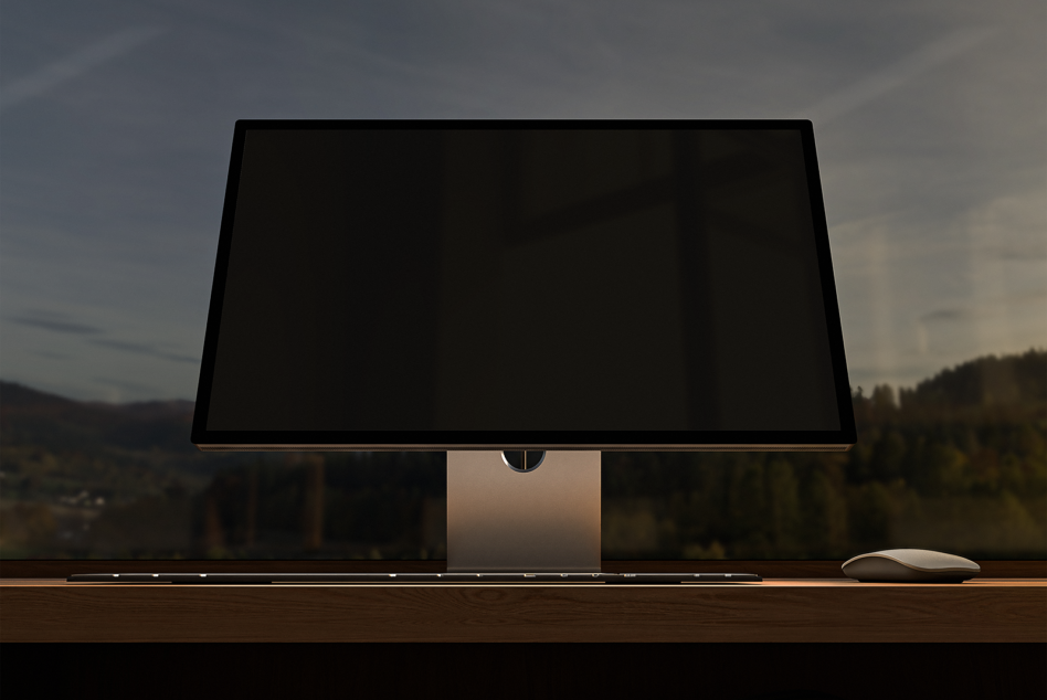 Minimalist desktop computer mockup with monitor keyboard and mouse on wooden desk in front of window ideal for design presentations or templates.