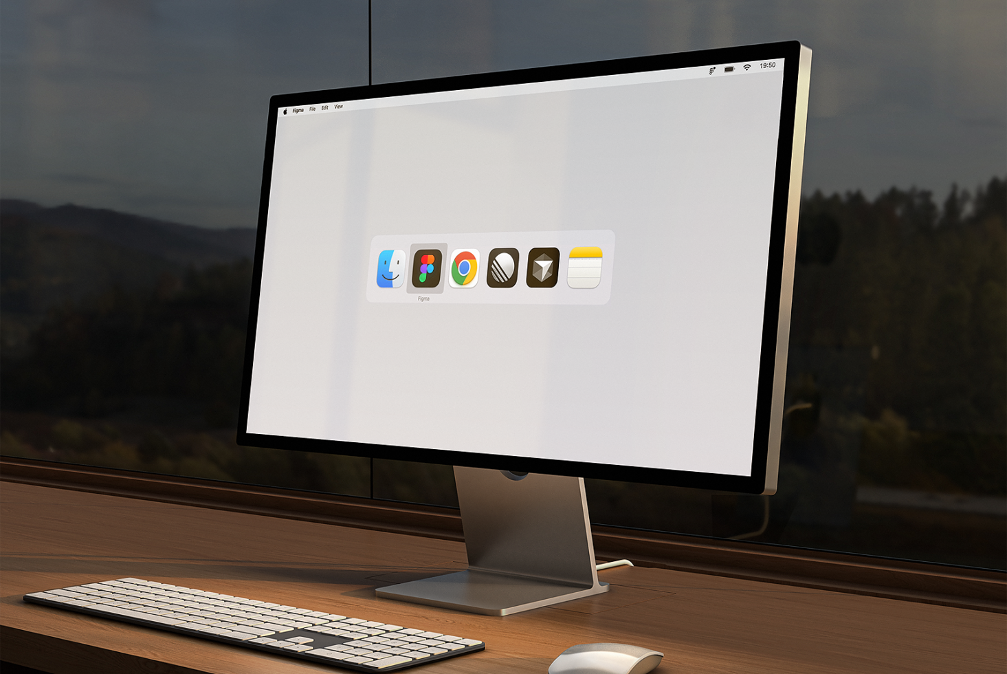 Modern desktop setup with a sleek monitor displaying design apps, keyboard, and mouse on a wooden desk, ideal for design mockups and templates.