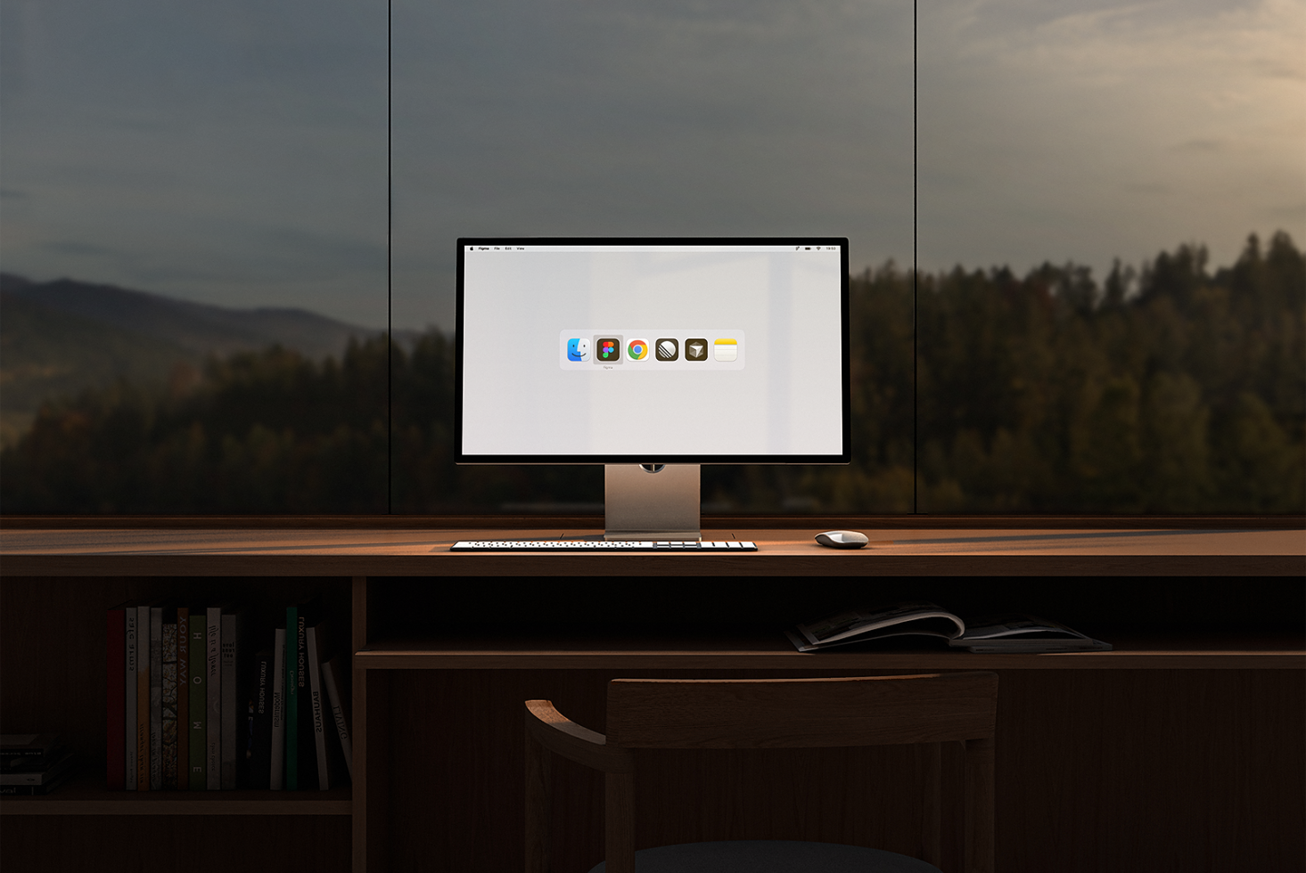 Modern desktop computer setup on wooden desk with keyboard and mouse, large window overlooking forest. Ideal for office mockup or workspace design