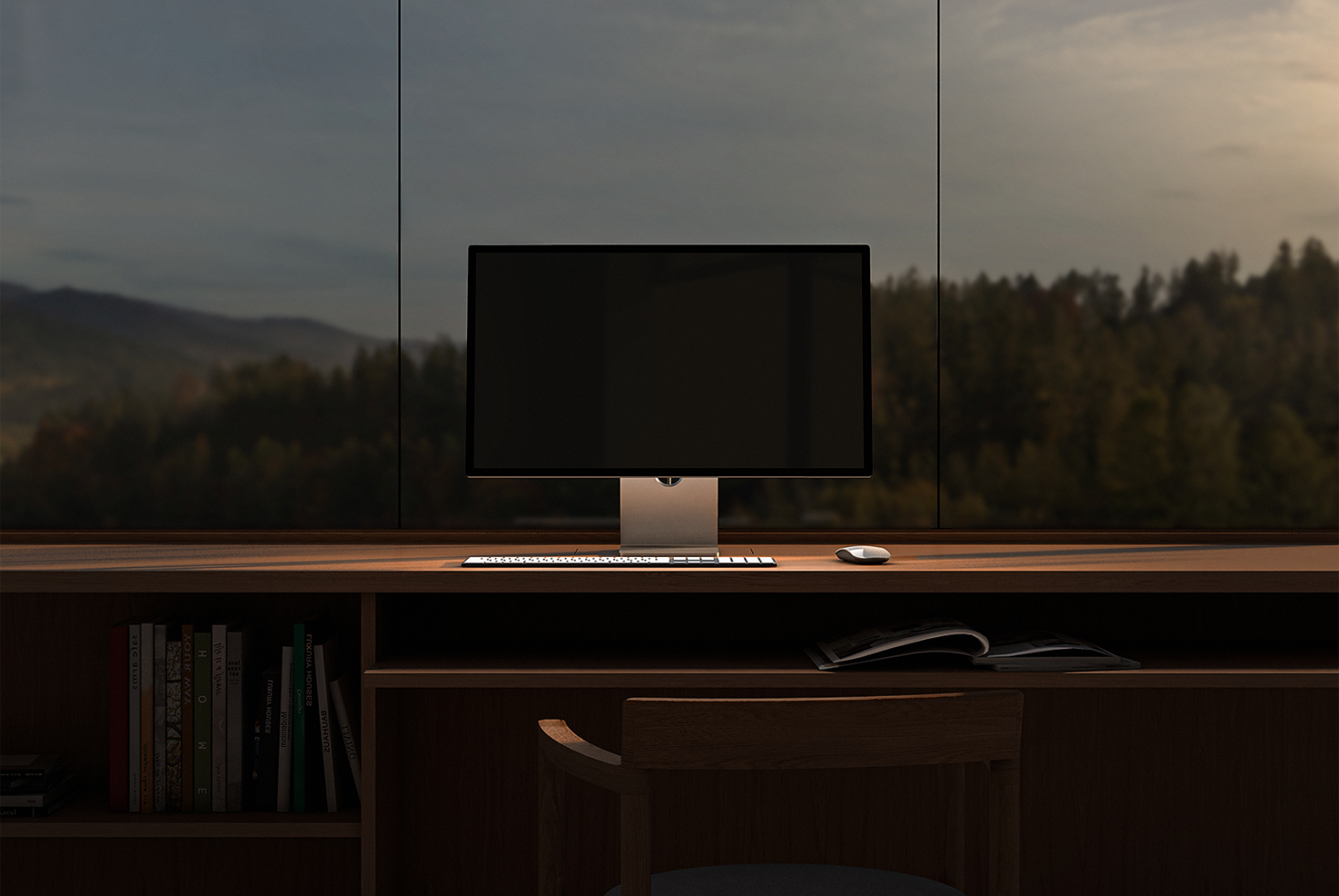 Minimalist workspace mockup featuring a sleek desktop monitor keyboard and mouse on a wooden desk with a scenic forest view perfect for designers