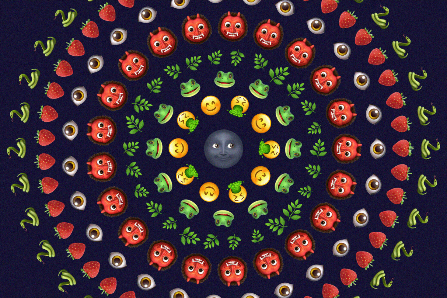 Playful emoji pattern with devils, frogs, smiley faces, berries, eyes on dark blue