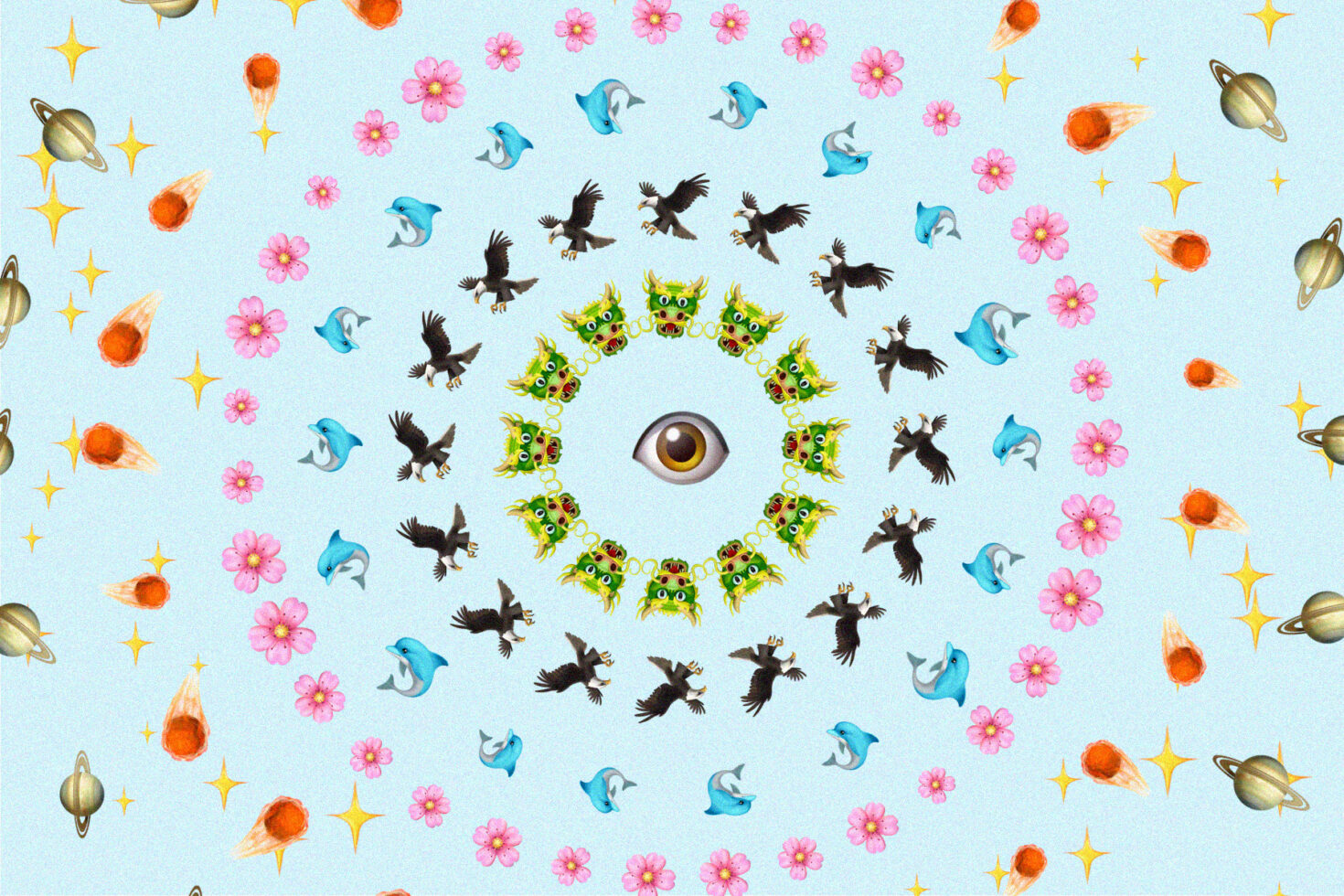Whimsical space scene with colorful creatures, flowers, dolphins, planets on light blue