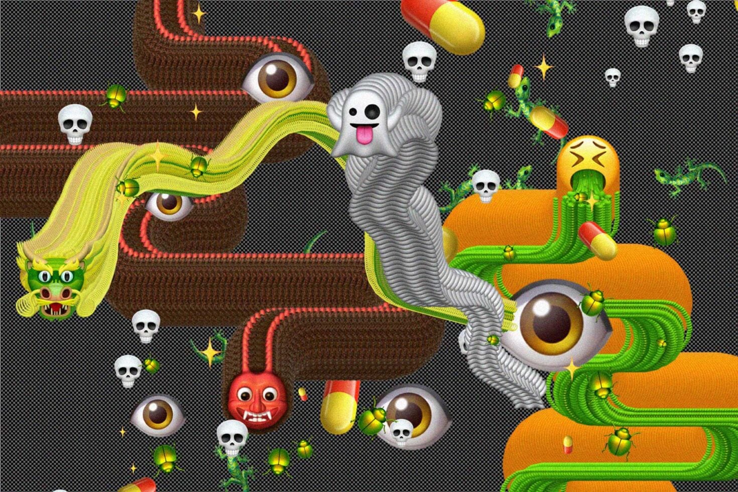 Creepy worm creature with big eyes, ghost, red demon, skulls, pills in surreal twisted landscape