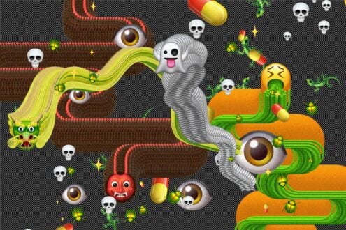 Creepy worm creature with big eyes, ghost, red demon, skulls, pills in surreal twisted landscape