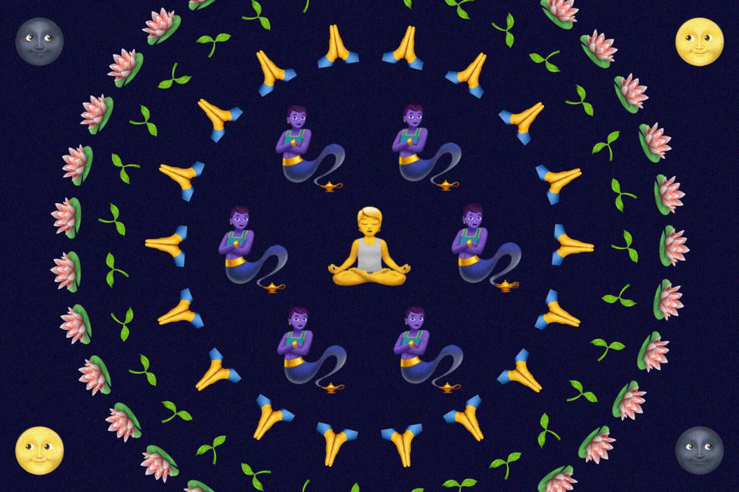Meditating woman, mermaids, prayer hands, lotus flowers, day moon scattered on dark navy