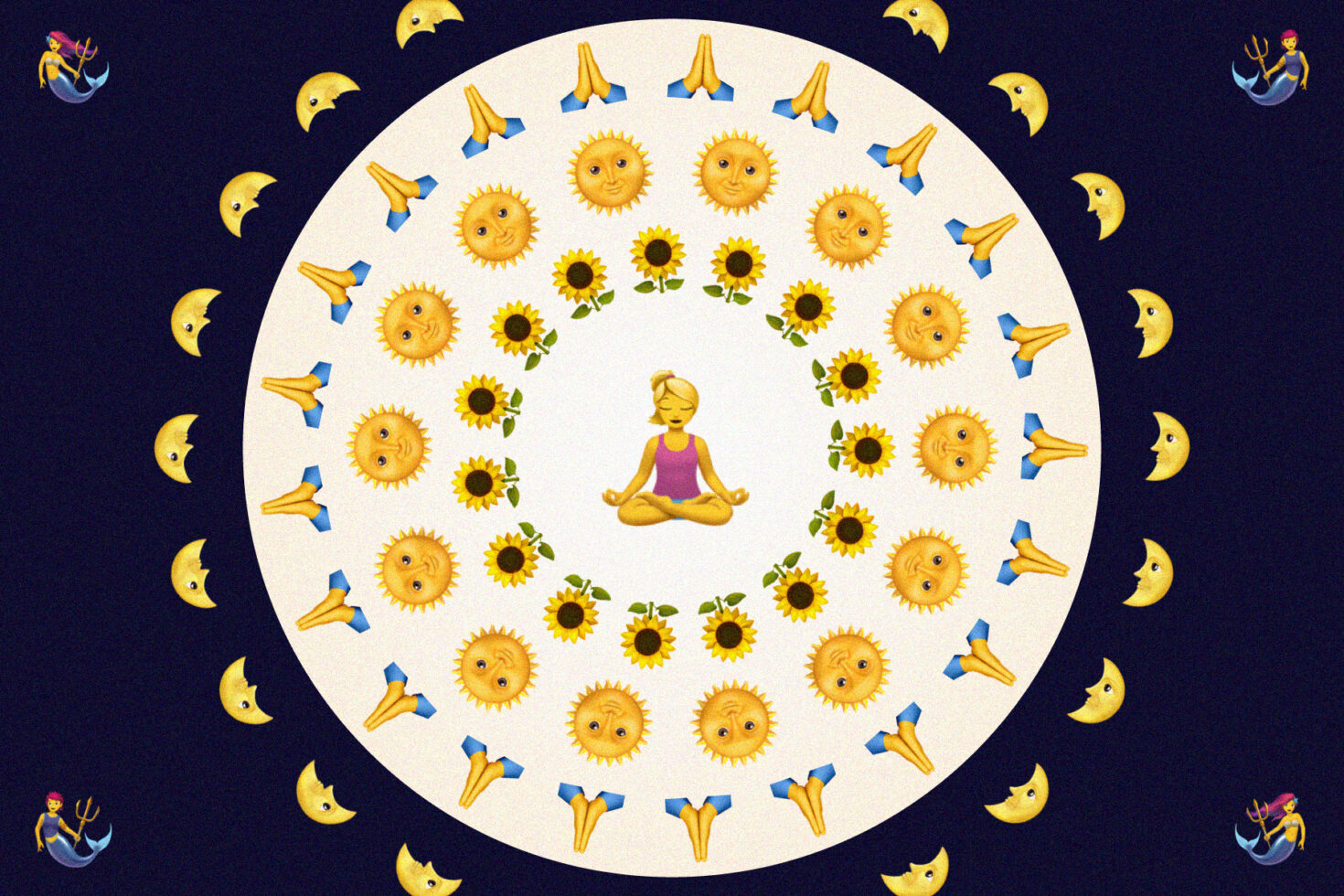 Meditating woman surrounded by smiley suns, sunflowers, paper planes in circle on dark background