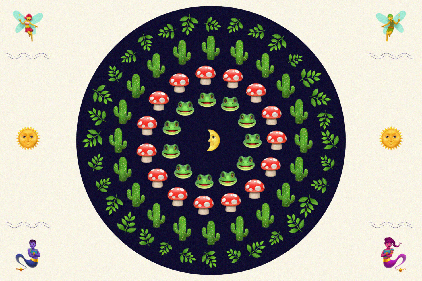 Frogs, red mushrooms, cacti, crescent moon in dark circle with fairies, suns, mermaids around edges