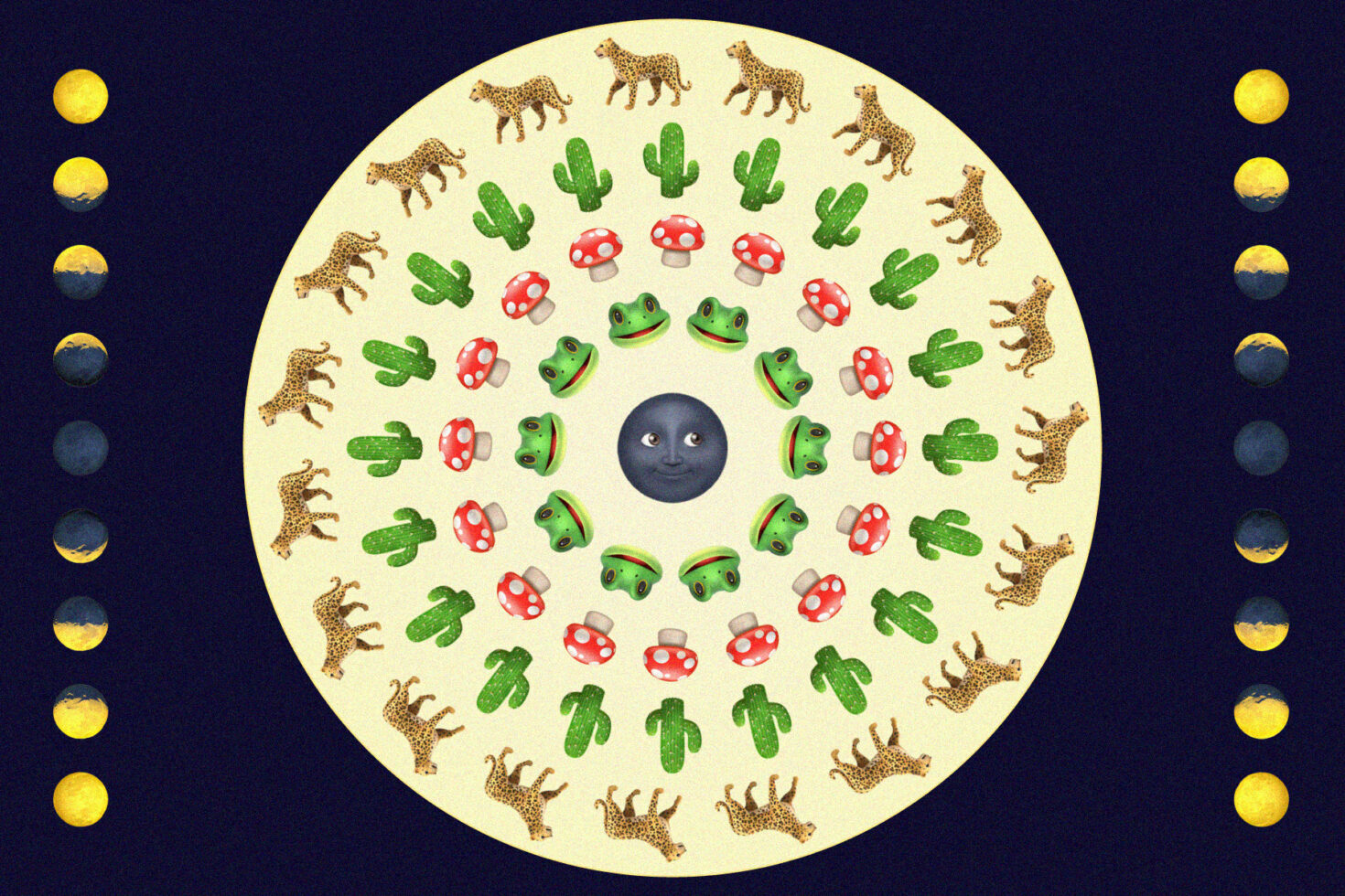 Leopards, cacti, mushrooms, frogs arranged in circle around moon face on dark night sky