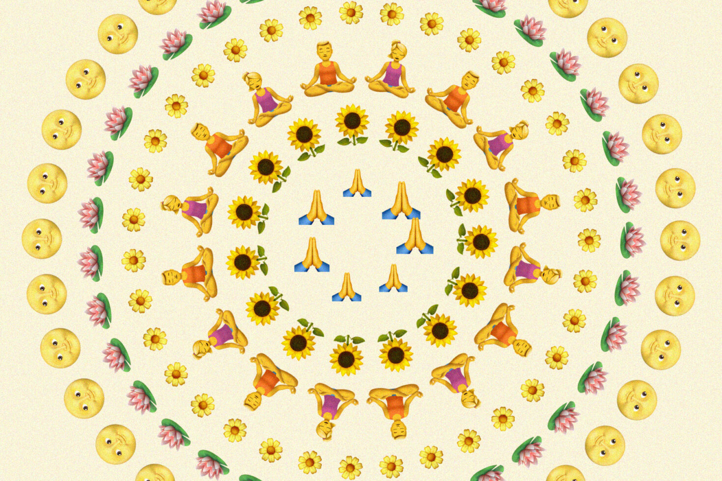Yoga people, smiley faces, sunflowers, lotus flowers, prayer hands scattered on cream background