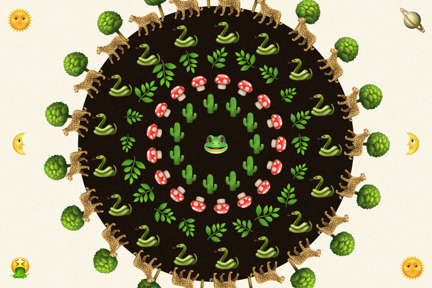 Virus-like creature surrounded by glitchy nature elements, snakes, mushrooms, bugs