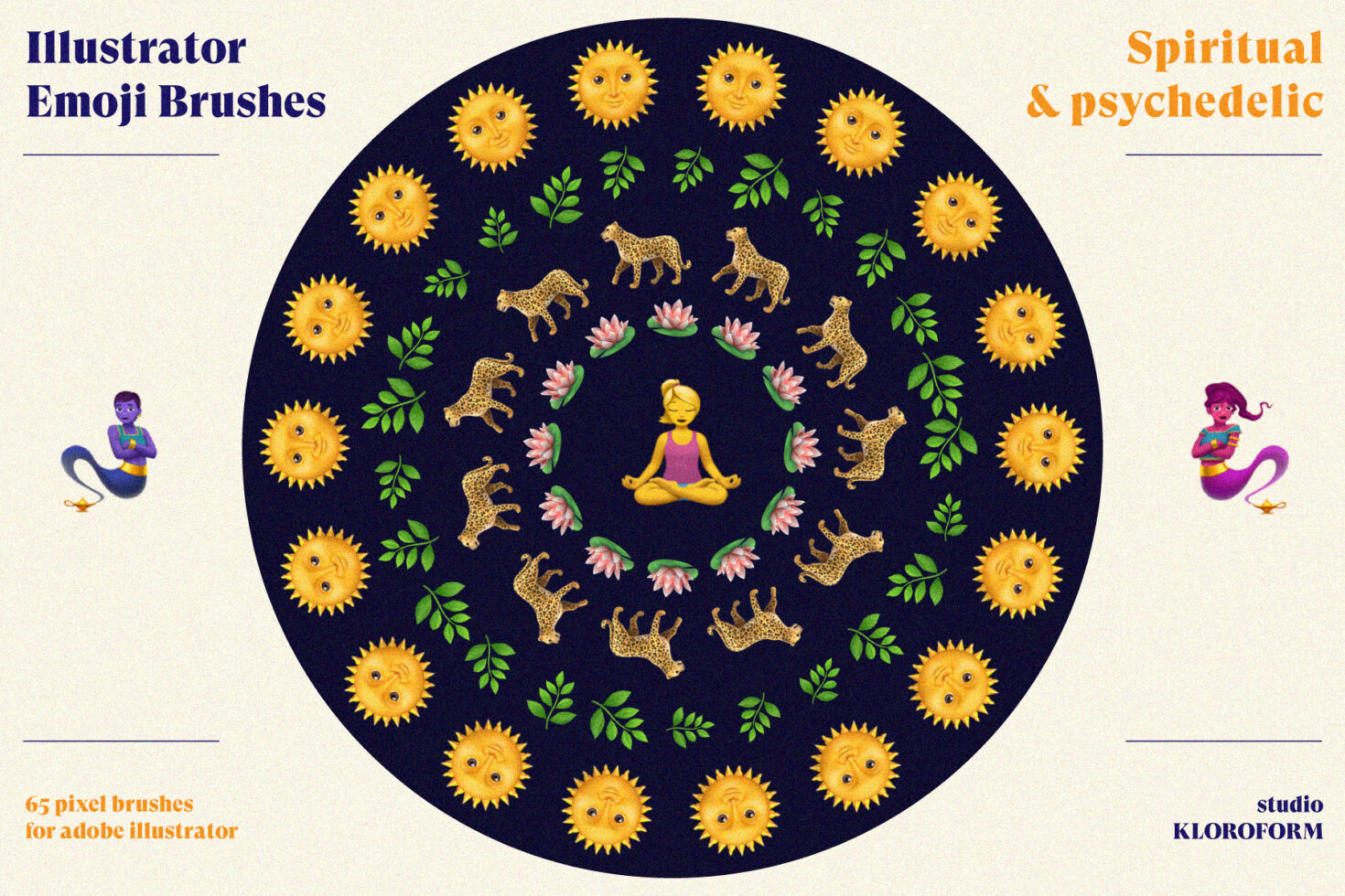 65 Illustrator emoji brushes with spiritual vibes, suns, leopards, lotus flowers