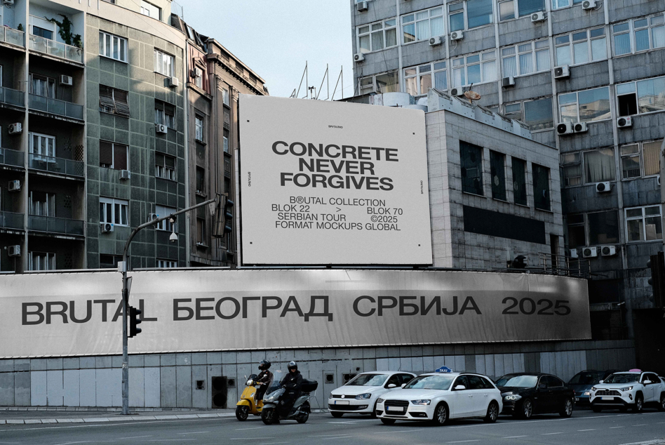 Concrete never forgives banner on building facade in city square