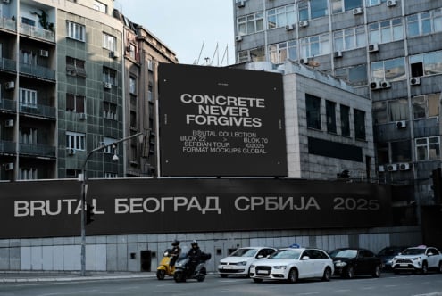 Concrete never forgives billboard mockup on urban street with cars below