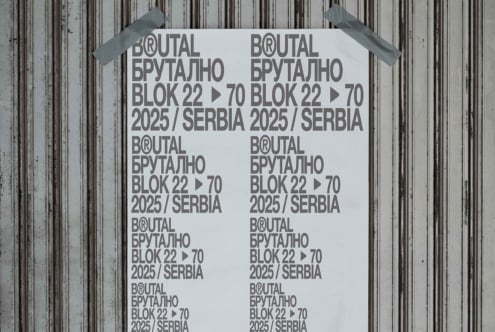 Light gray poster featuring bold Brutal Brutalno text repeated across surface