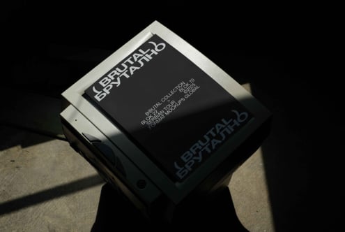 Tilted box packaging for Brutal Collection with white frame detail