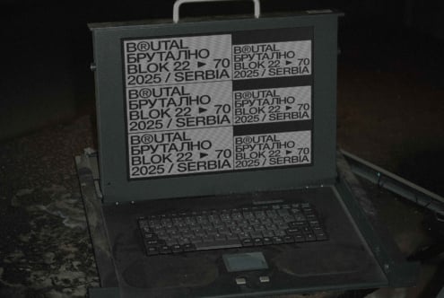 Laptop showing six repeated Brutal Block 22 label mockups
