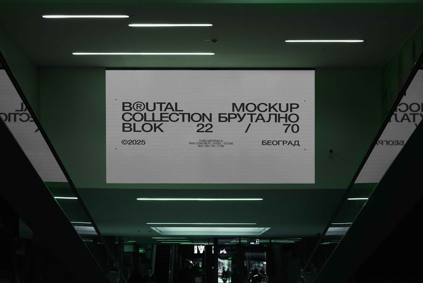Brutal Collection Block 22 signage on green ceiling with white neon tubes