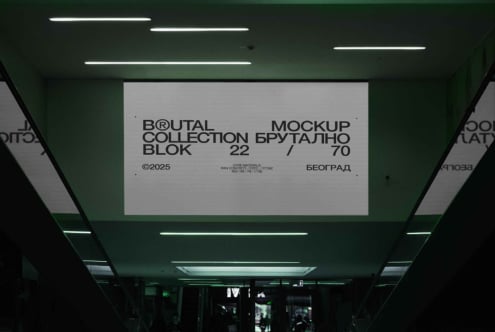 Brutal Collection Block 22 signage on green ceiling with white neon tubes