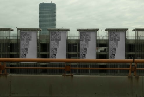 Multiple light banners on metal fence with tower brutal collection mockup display