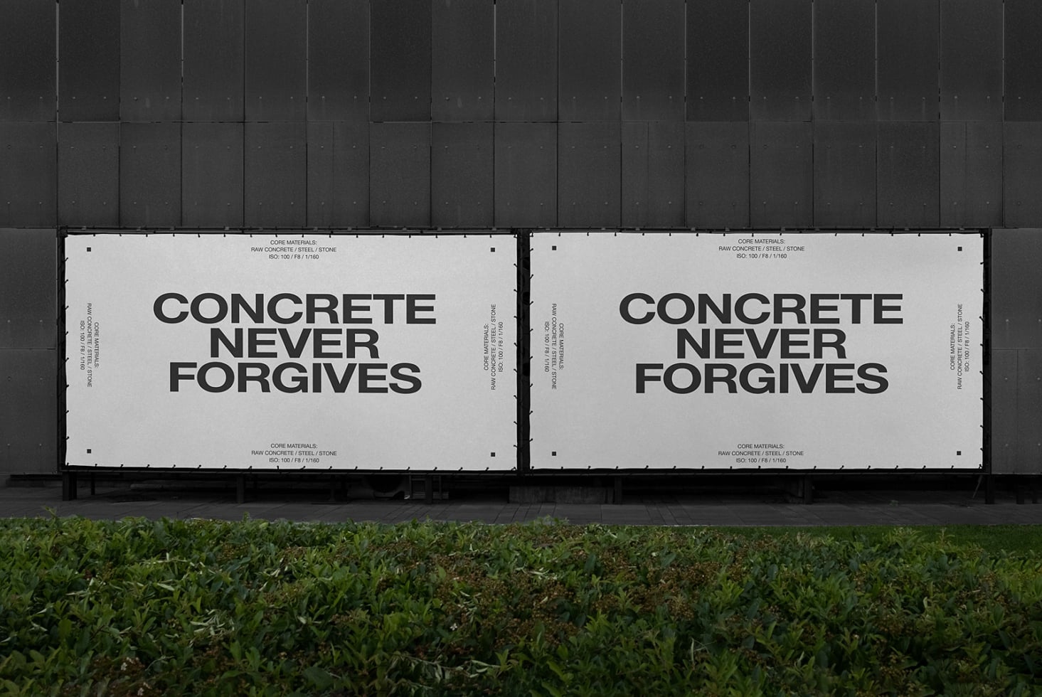 Dual billboard mockup on dark building facade with concrete never forgives typography