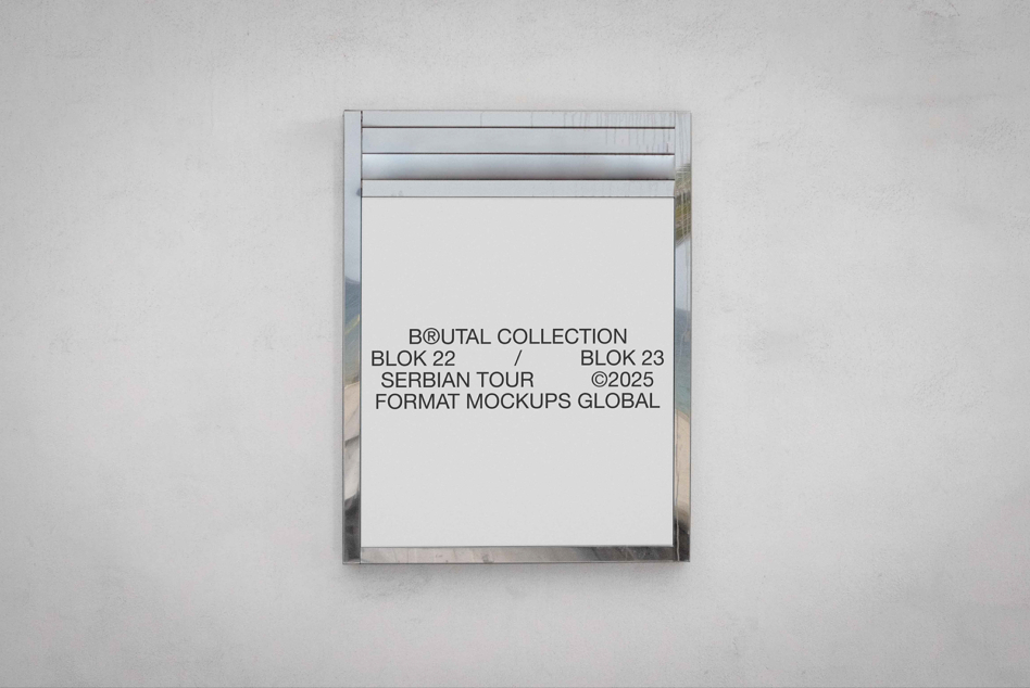 Silver frame mockup on light wall displaying stacked text in minimalist style